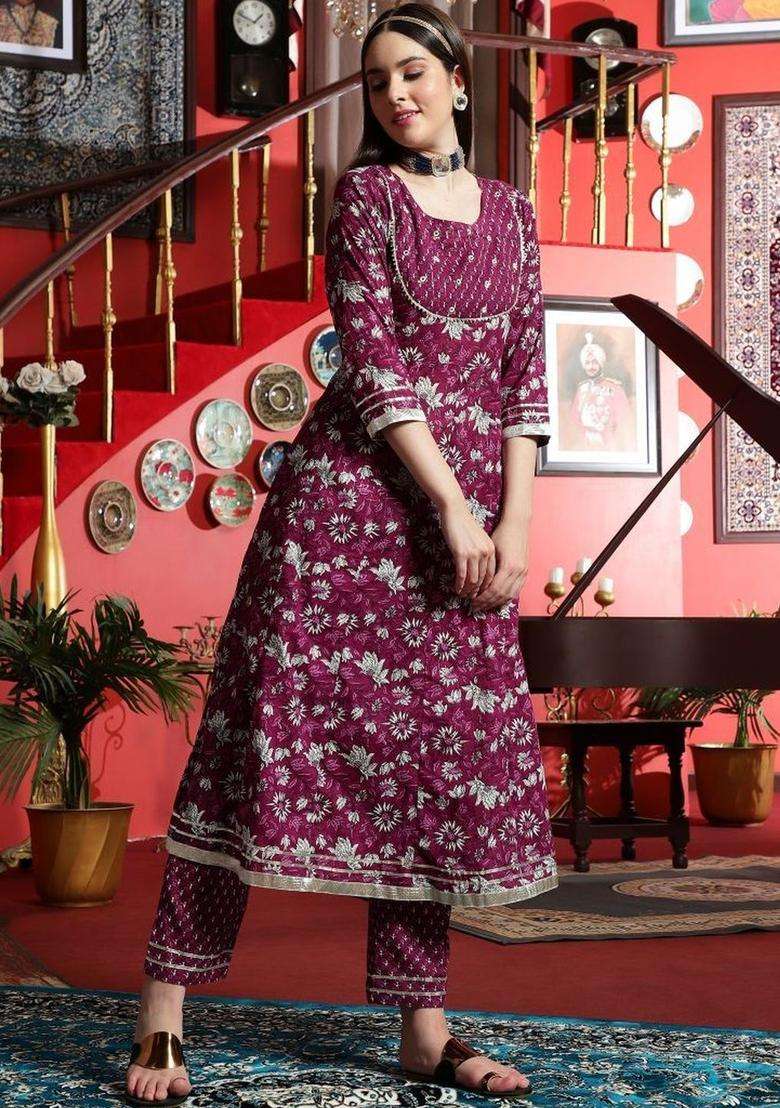Burgundy Printed Cotton Kurta Set - Indya