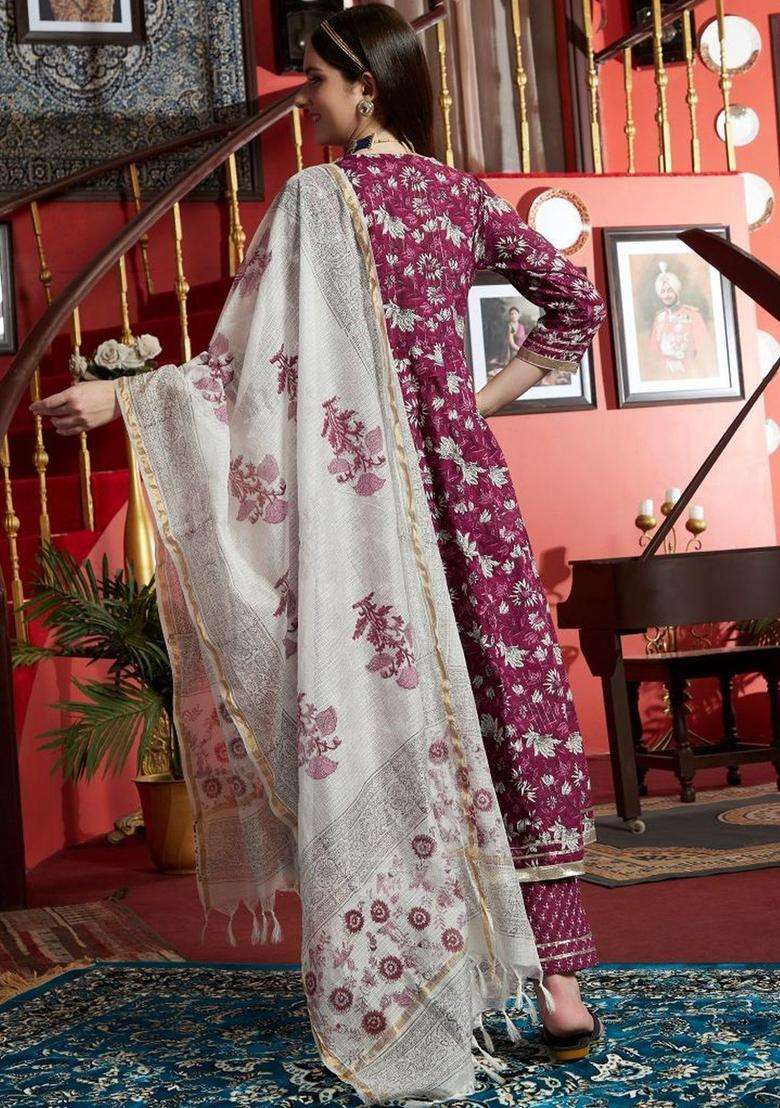 Burgundy Printed Cotton Kurta Set - Indya