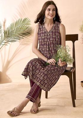 Maroon Printed Viscose Kurta Set