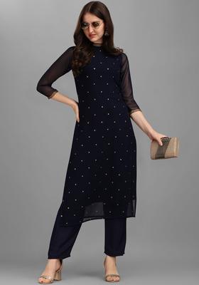 Navy Blue Embroidered Georgette Kurta Set