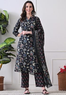 Black Printed Cotton Kurta Set