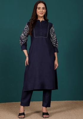 Navy Blue Solid Cotton Kurta Set