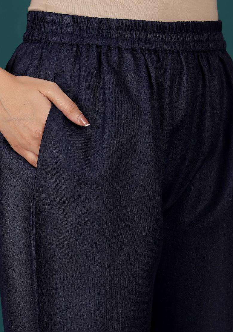 Navy Blue Solid Cotton Kurta Set - Indya