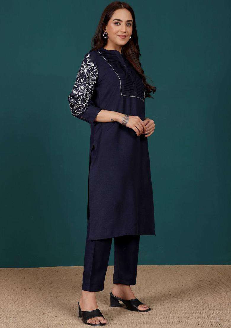 Navy Blue Solid Cotton Kurta Set - Indya