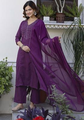 Purple Yoke Design Cotton Kurta Set