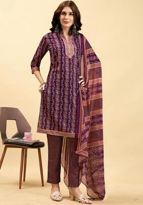 Purple Printed Polyester Kurta Set