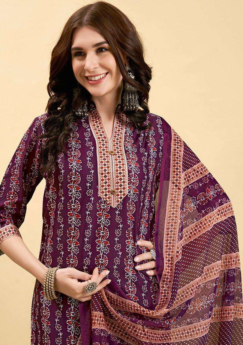 Purple Printed Polyester Kurta Set - Indya