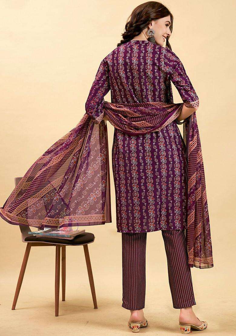 Purple Printed Polyester Kurta Set - Indya