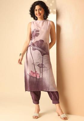 Purple Printed Polyester Kurta Set