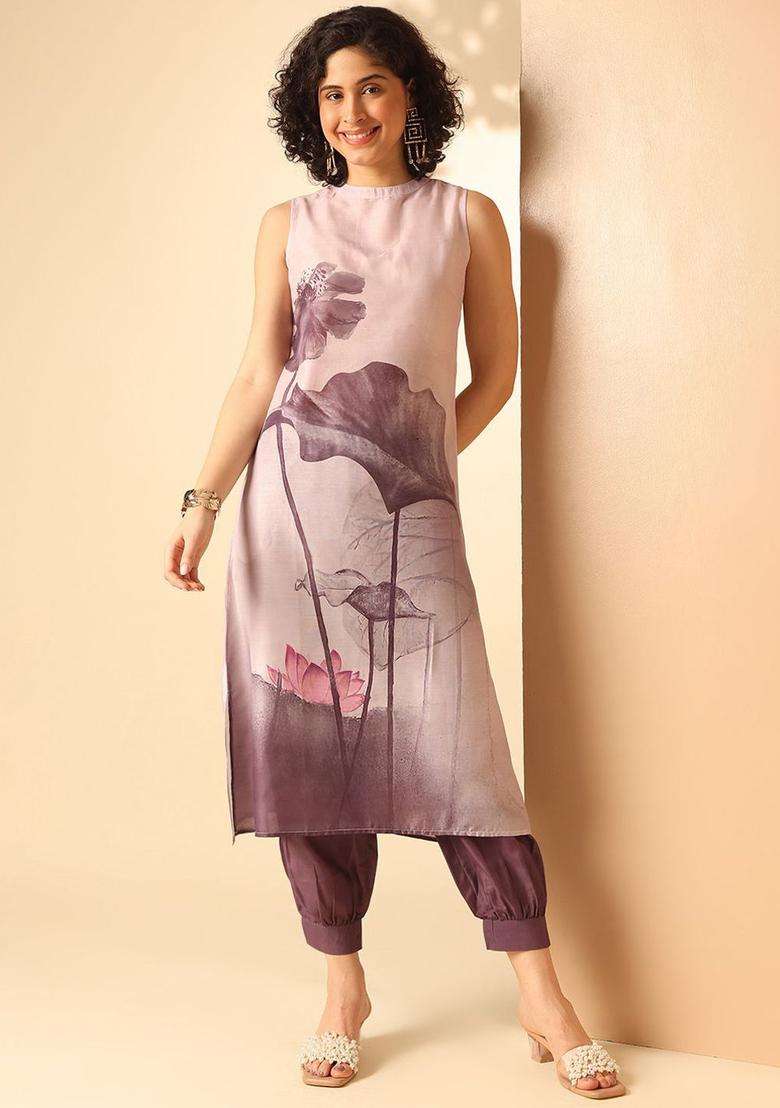 Purple Printed Polyester Kurta Set - Indya
