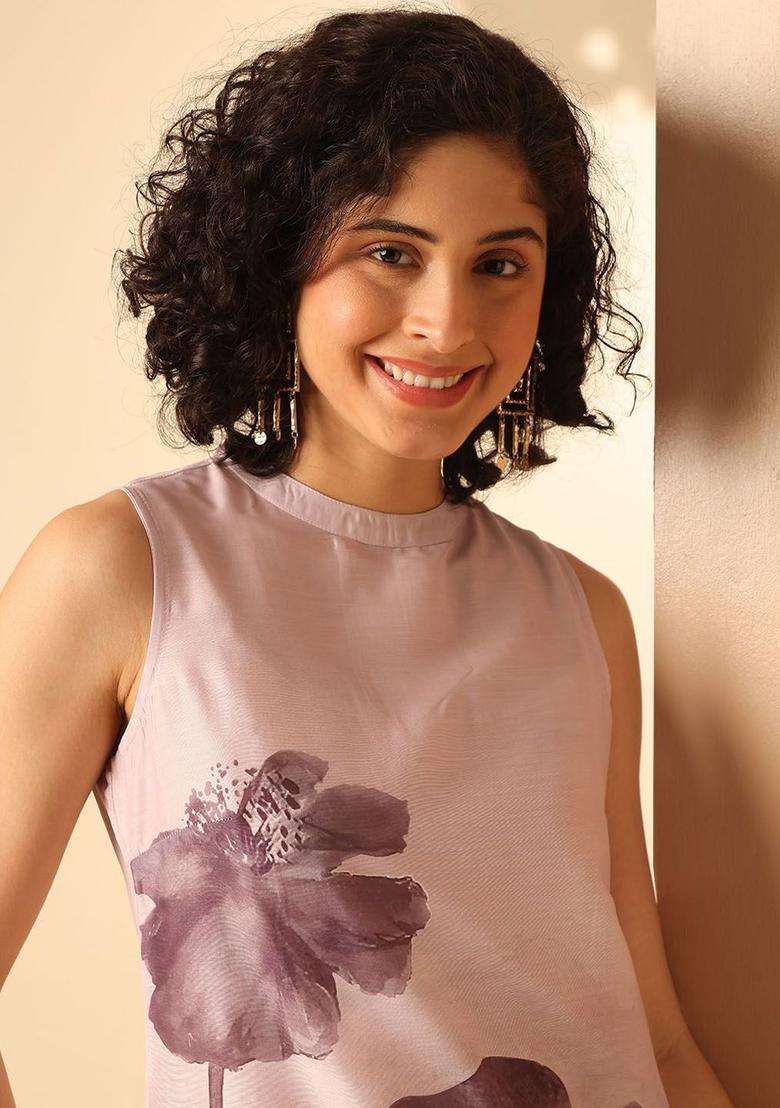 Purple Printed Polyester Kurta Set - Indya