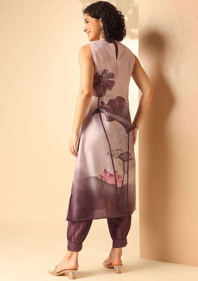 Purple Printed Polyester Kurta Set - Indya