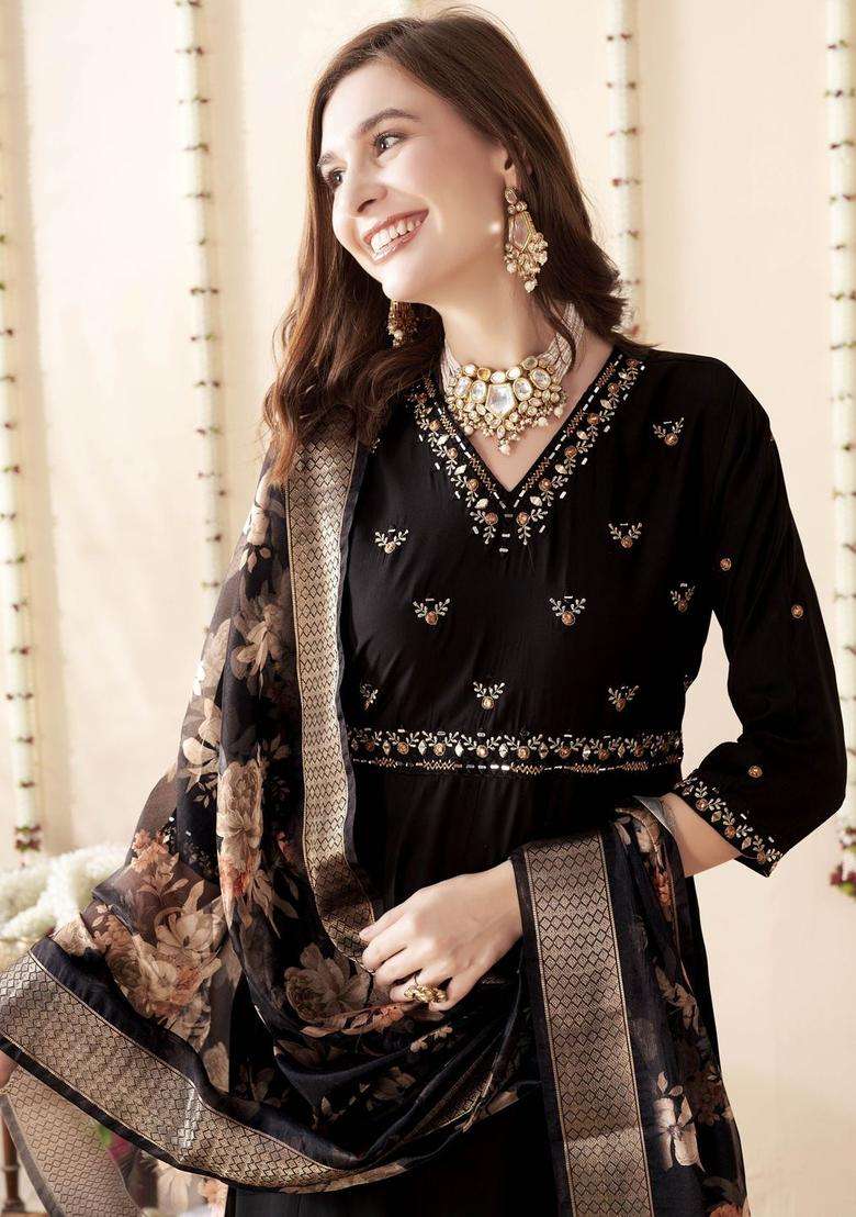 Black Embroidered Silk Blend Anarkali Set - Indya
