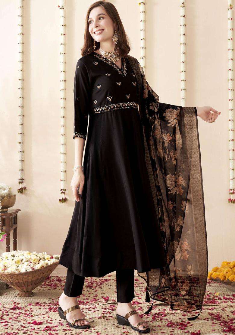 Black Embroidered Silk Blend Anarkali Set - Indya