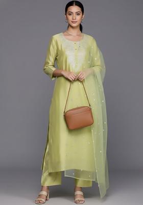 Lime Green Embroidered Silk Kurta Set
