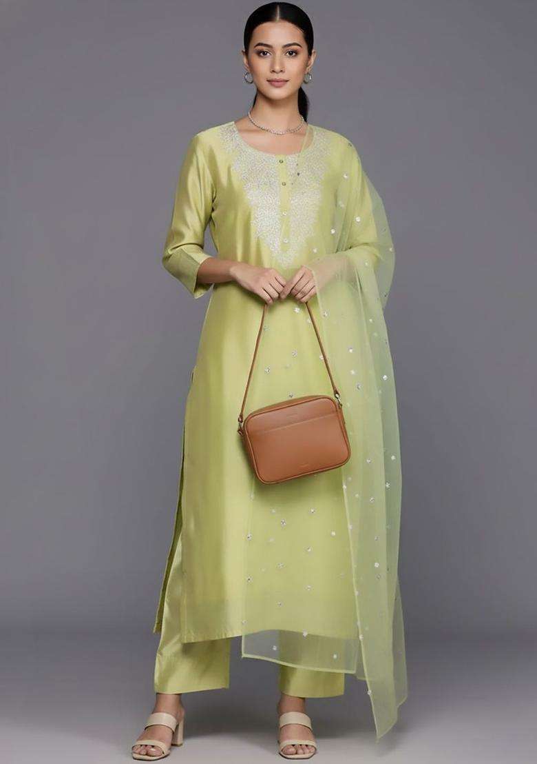 Lime Green Embroidered Silk Blend Kurta Set - Indya
