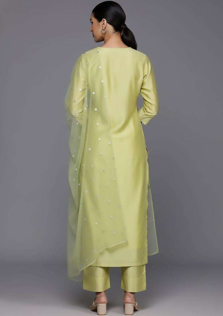 Lime Green Embroidered Silk Blend Kurta Set - Indya