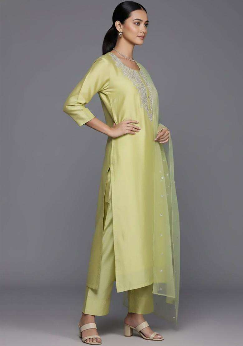 Lime Green Embroidered Silk Blend Kurta Set - Indya