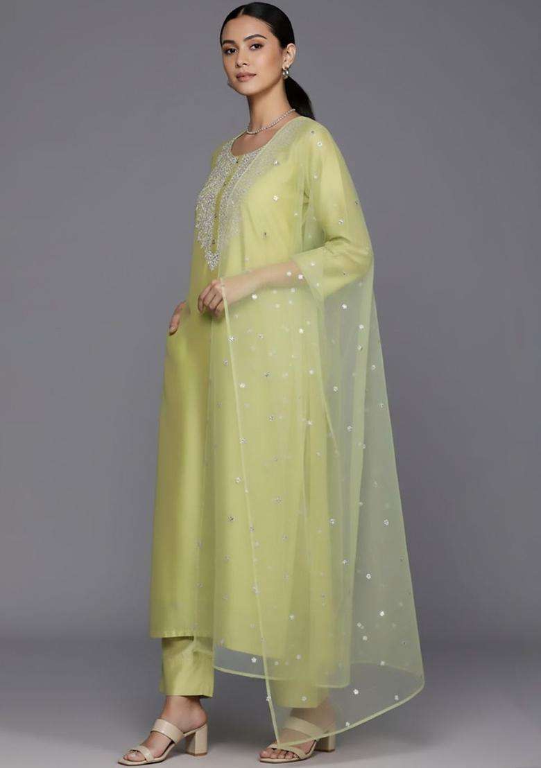 Lime Green Embroidered Silk Blend Kurta Set - Indya