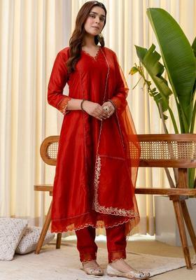 Red Solid Silk Blend Kurta Set