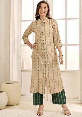 Beige Printed Cotton Kurta Set
