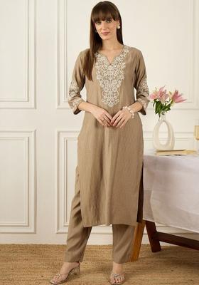 Brown Embroidered Silk Blend Kurta Set