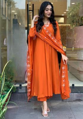 Orange Solid Viscose Kurta Set