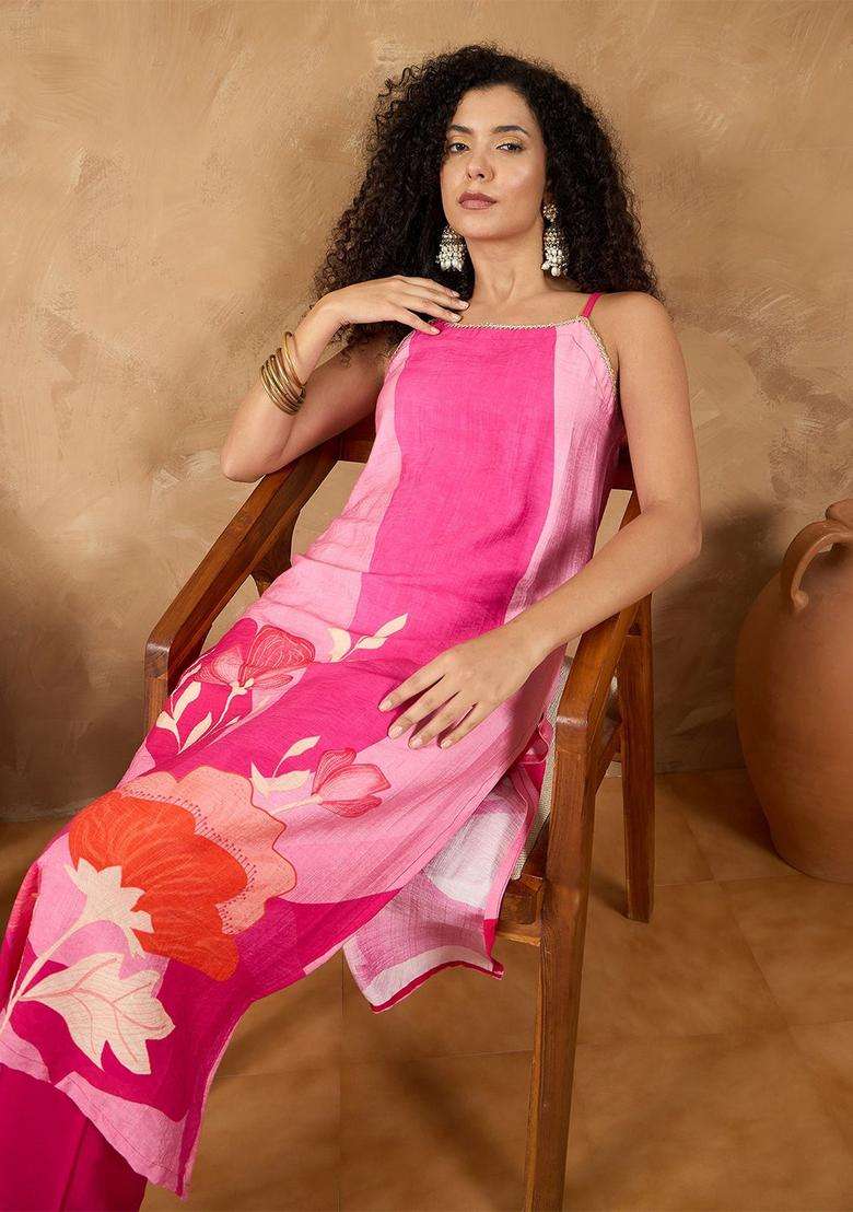 Fuchsia Printed Silk Blend Kurta Set - Indya