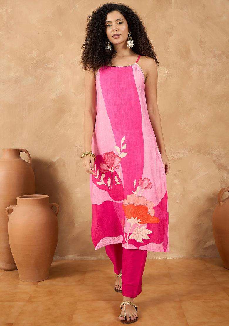 Fuchsia Printed Silk Blend Kurta Set - Indya