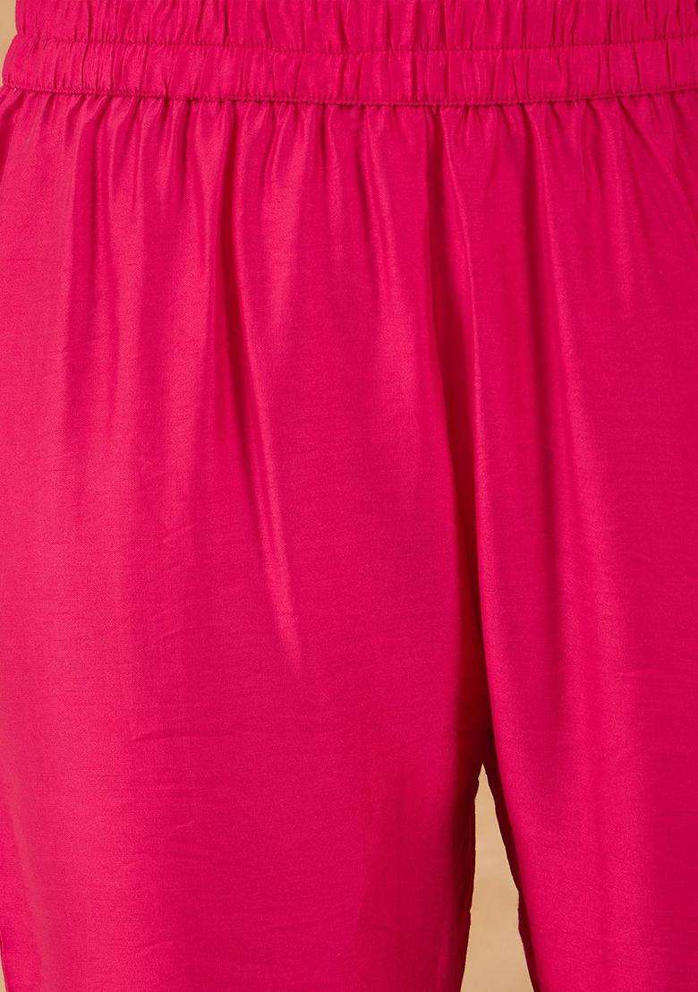 Fuchsia Printed Silk Blend Kurta Set - Indya