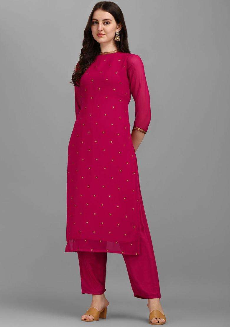 Magenta Embroidered Georgette Kurta Set - Indya