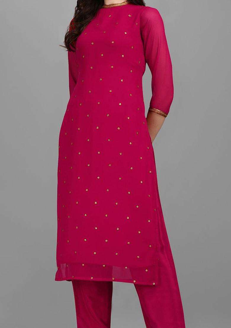 Magenta Embroidered Georgette Kurta Set - Indya