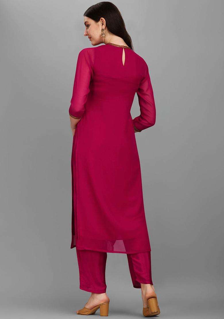 Magenta Embroidered Georgette Kurta Set - Indya