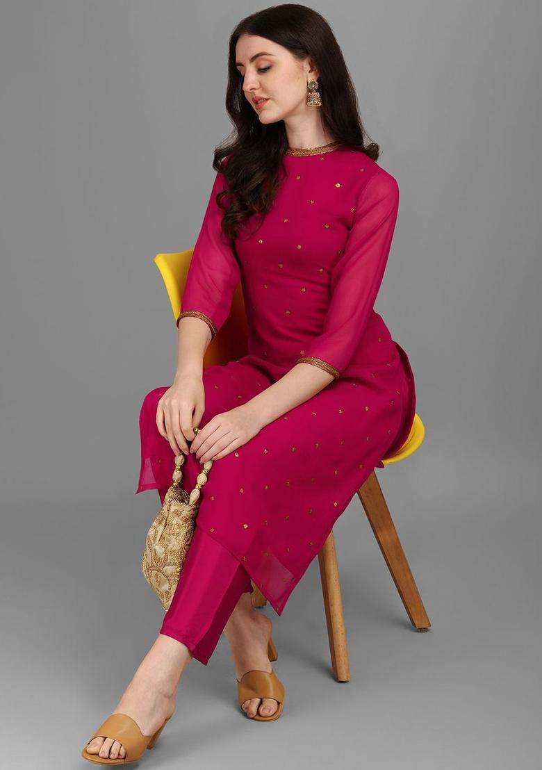 Magenta Embroidered Georgette Kurta Set - Indya