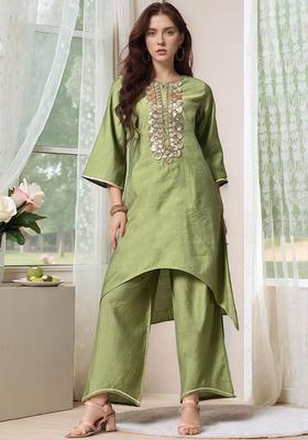 Olive Yoke Design Silk Blend Kurta Set