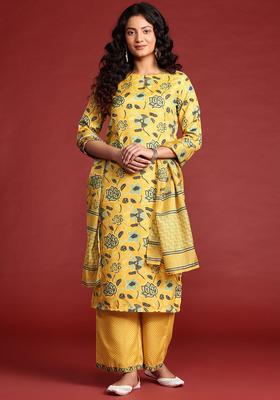 Mustard Printed Viscose Kurta Set