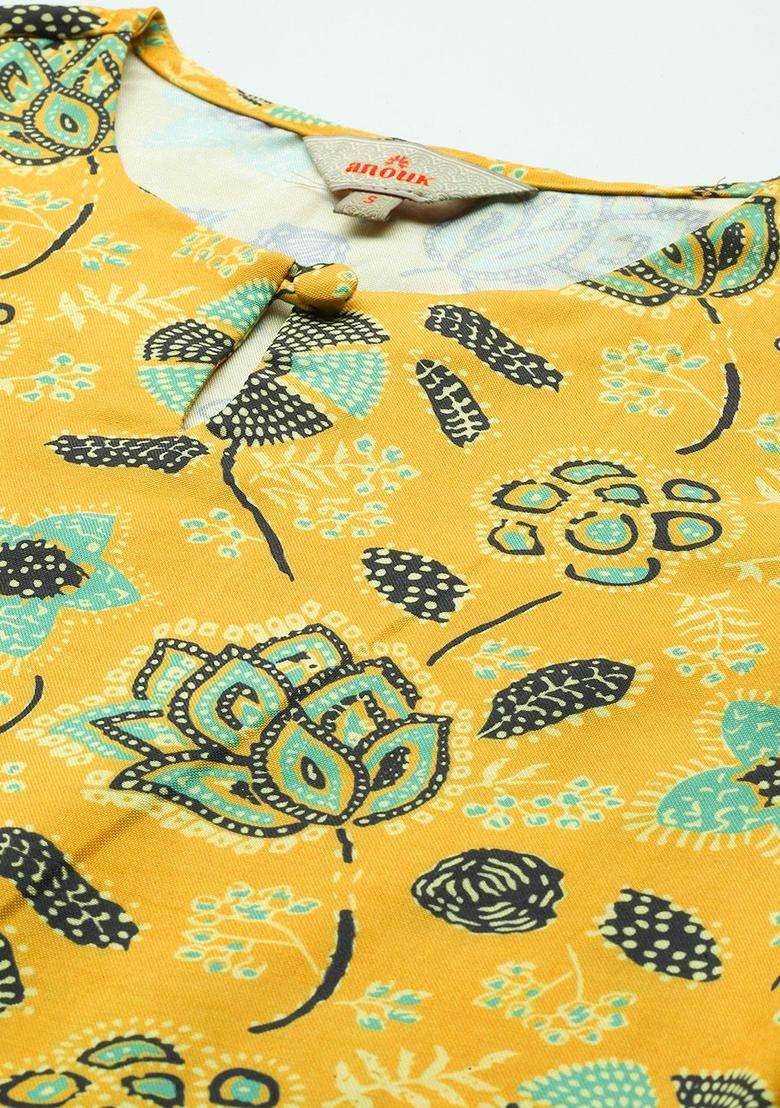 Mustard Printed Viscose Kurta Set - Indya