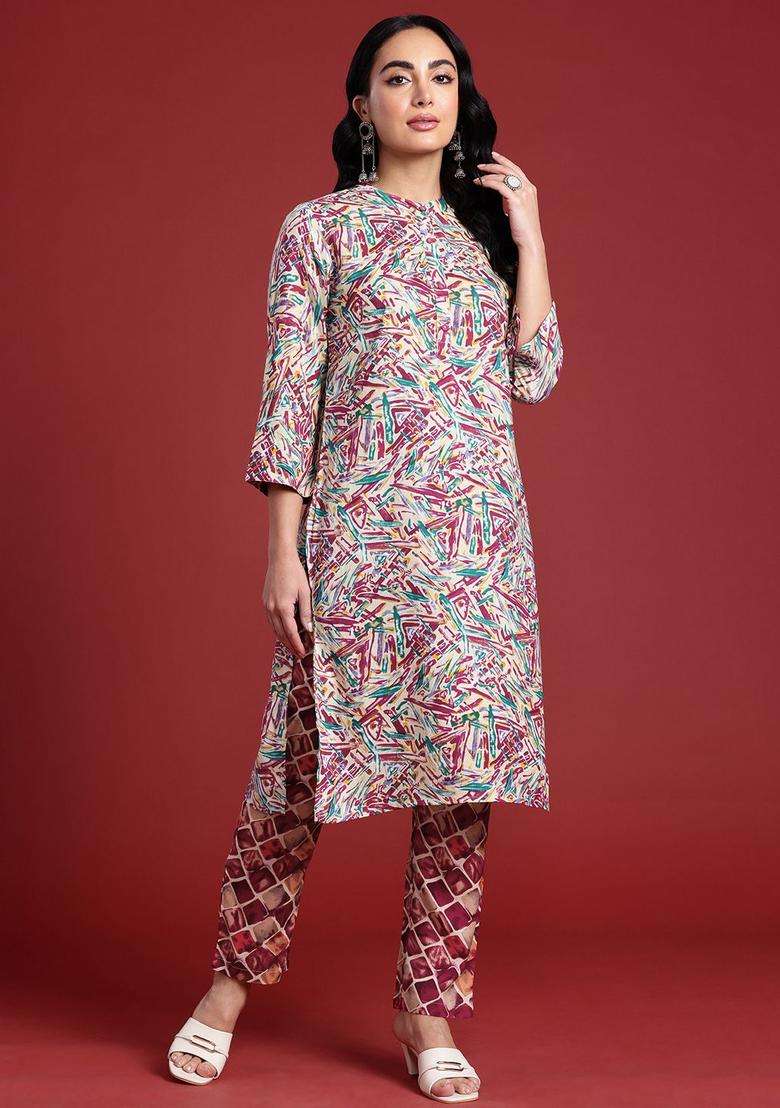 Multicolor Printed Viscose Kurta Set - Indya