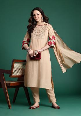 Cream Embroidered Cotton Kurta Set