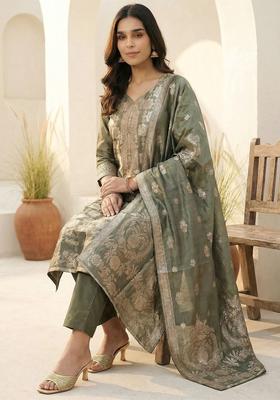 Olive Woven Design Silk Blend Kurta Set