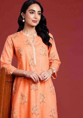 Orange Printed Cotton Kurta Set