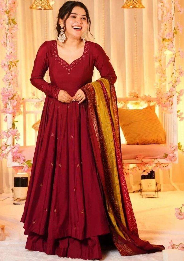Maroon Solid Silk Blend Kurta Set - Indya