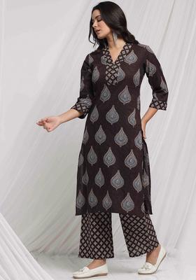 Brown Printed Cotton Kurta Set