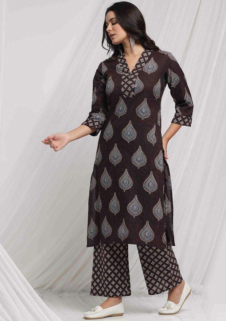 Brown Printed Cotton Kurta Set - Indya