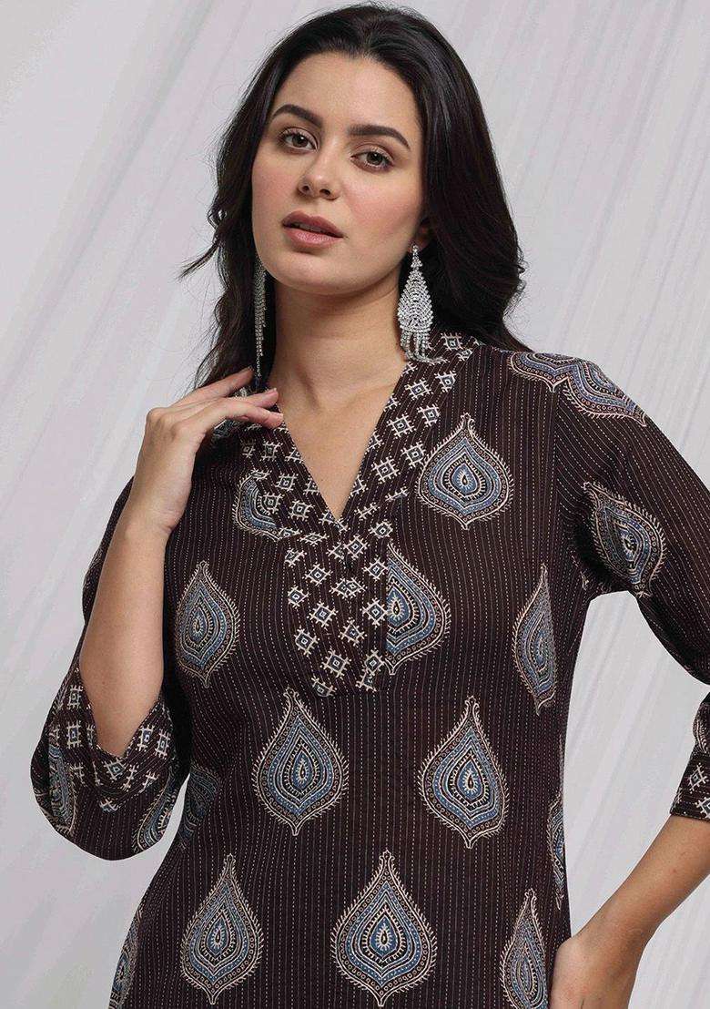 Brown Printed Cotton Kurta Set - Indya