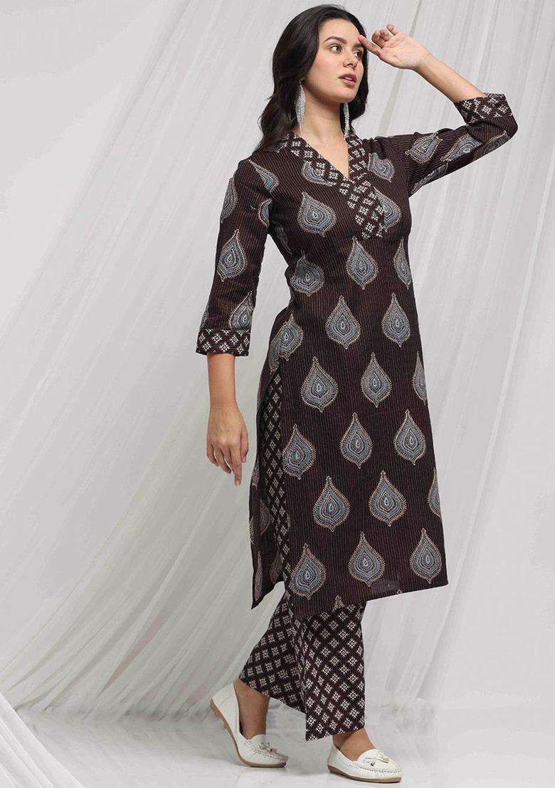 Brown Printed Cotton Kurta Set - Indya