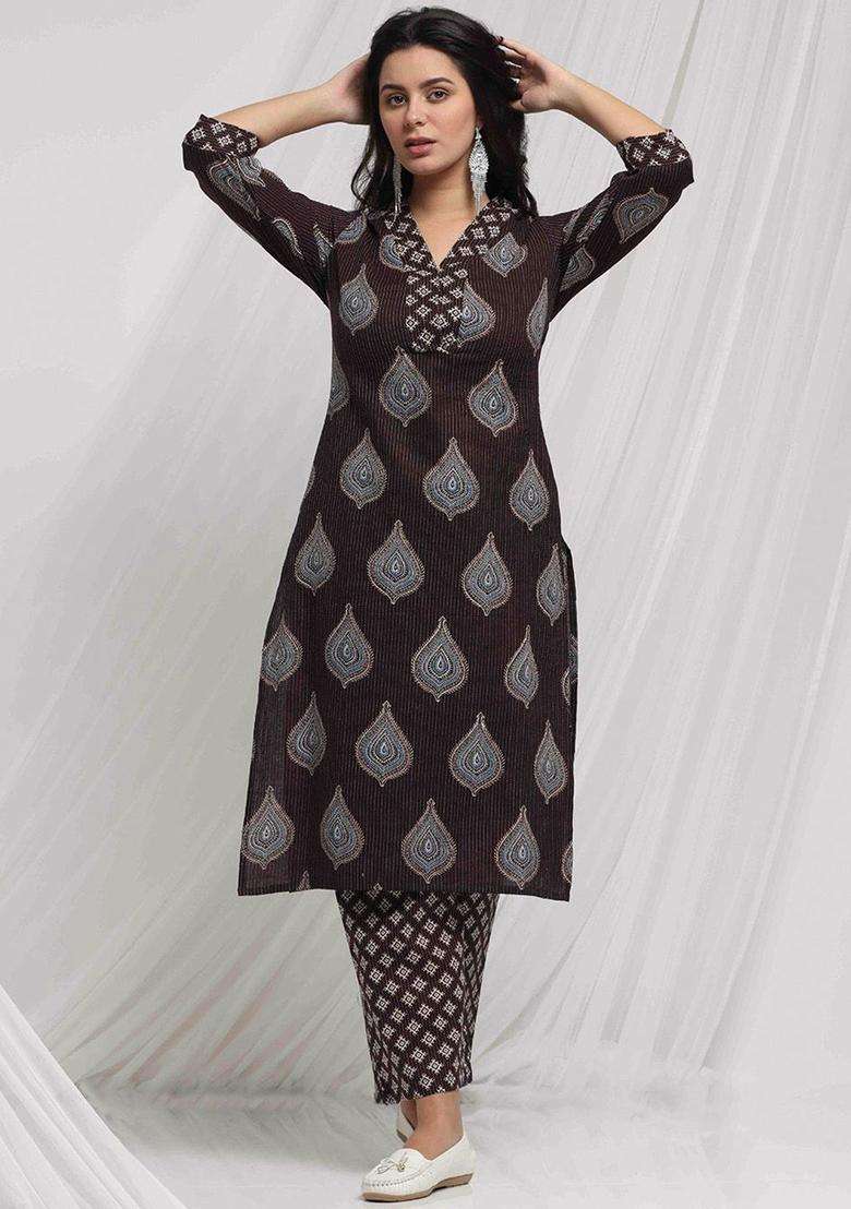 Brown Printed Cotton Kurta Set - Indya