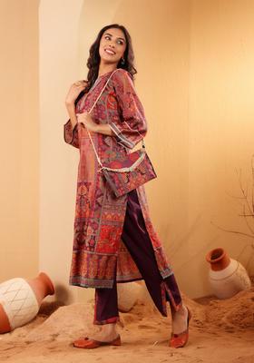 Purple Printed Silk Kurta Set