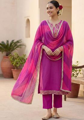 Magenta Embroidered Silk Kurta Set