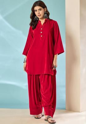 Red Solid Velvet Kurta Set